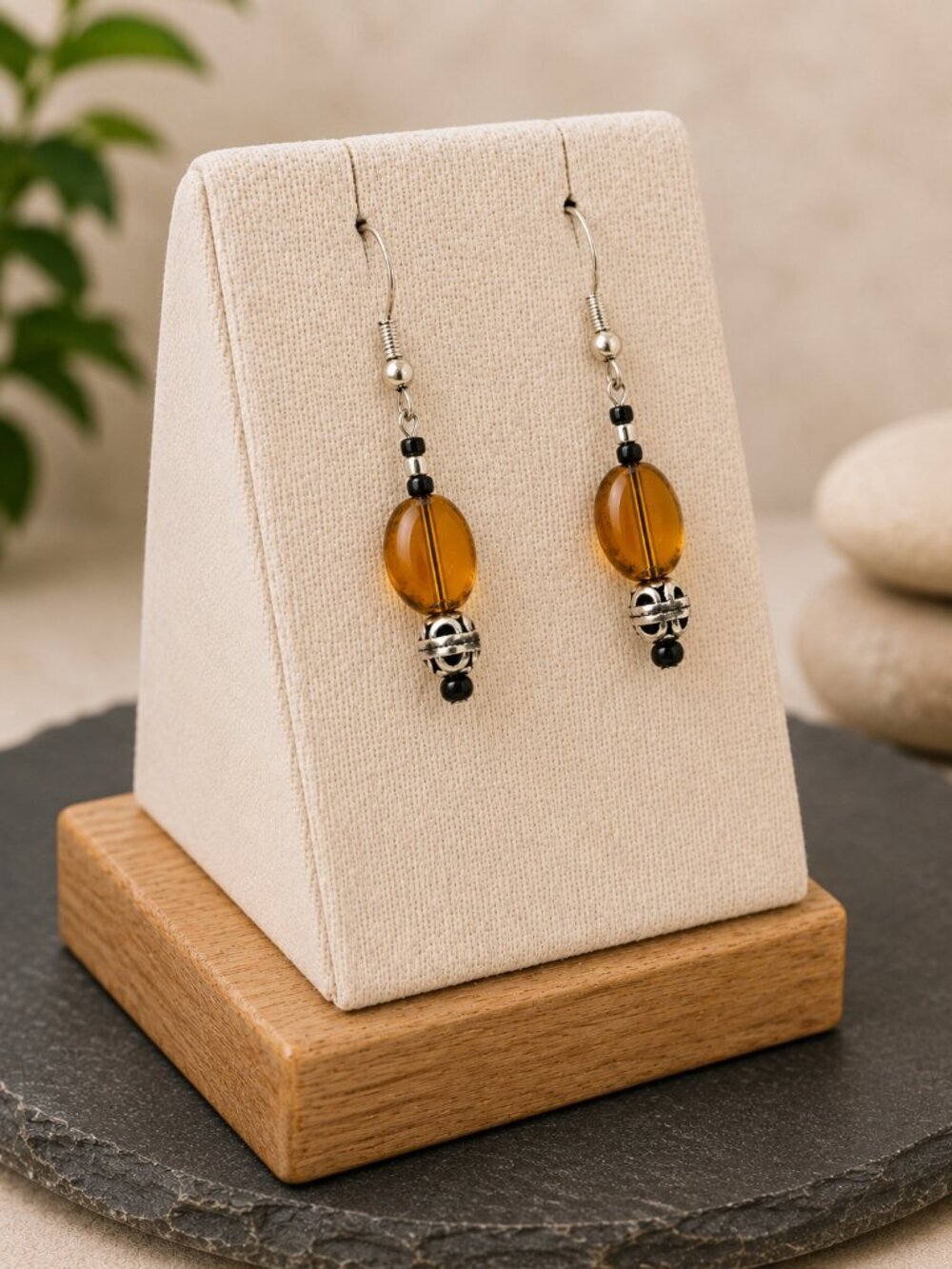 Amber Glass Bead Drop Earrings Gold Black | Handmade - Picture 3 of 5